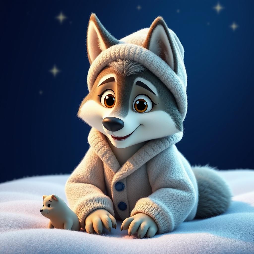 A delightful 3D illustration of a wolf character in a cozy lambswool pajama set, complete with a matching hat, designed in the enchanting Pixar animation style