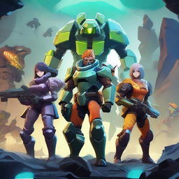 An image of high-quality digital art featuring anime-style characters, resembling the Meliods, engaged in a game of Deep Rock Galactic