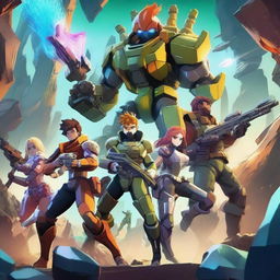 An image of high-quality digital art featuring anime-style characters, resembling the Meliods, engaged in a game of Deep Rock Galactic