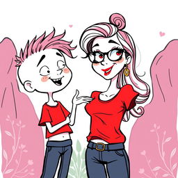 A whimsical, cartoonish illustration in vector style featuring a white cartoon character wearing a bright red T-shirt