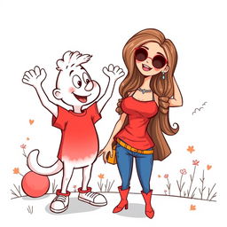 A whimsical, cartoonish illustration in vector style featuring a white cartoon character wearing a bright red T-shirt