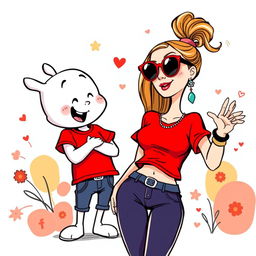 A whimsical, cartoonish illustration in vector style featuring a white cartoon character wearing a bright red T-shirt
