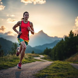 A motivational scene of a runner in an inspiring landscape, emphasizing resilience and determination
