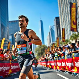A determined runner participating in a marathon, showcasing a dynamic stride and focused facial expression, surrounded by a vibrant crowd of spectators cheering along the race route