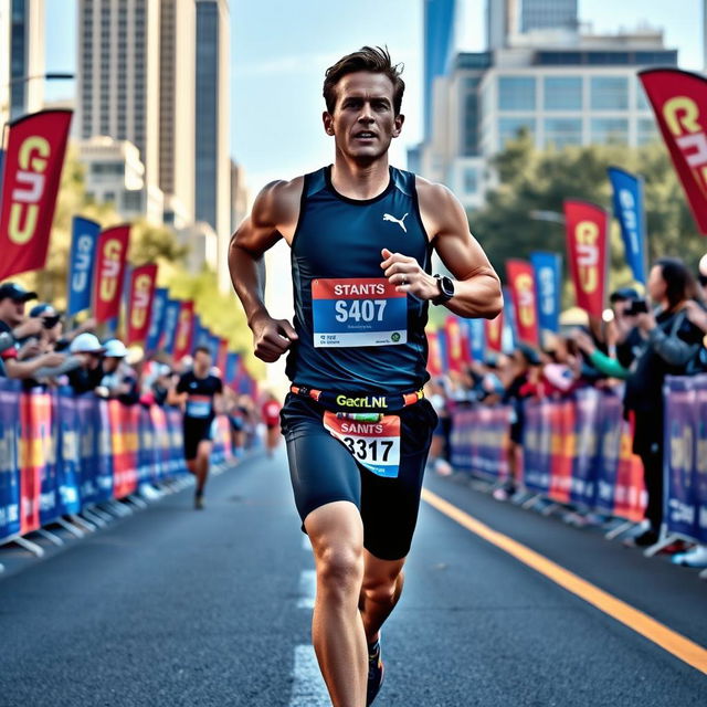 A determined runner participating in a marathon, showcasing a dynamic stride and focused facial expression, surrounded by a vibrant crowd of spectators cheering along the race route