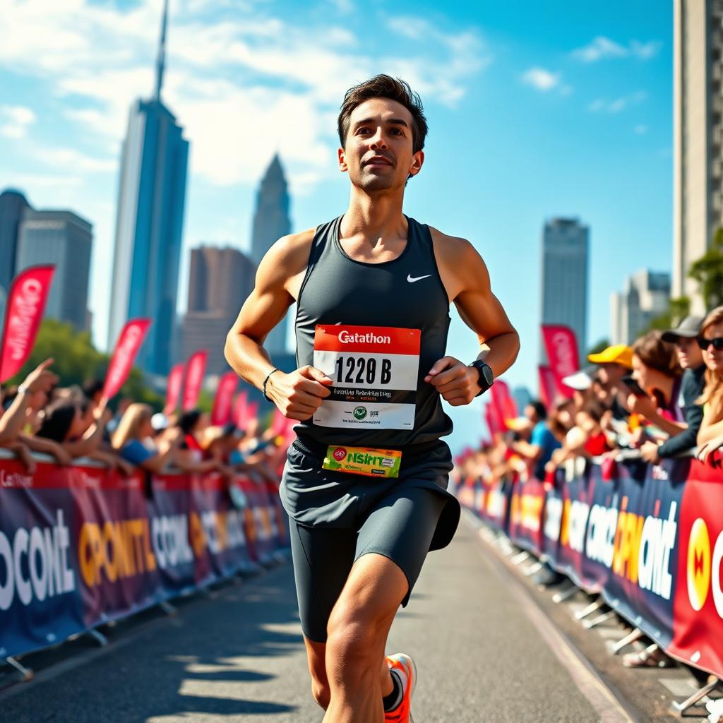 A determined runner participating in a marathon, showcasing a dynamic stride and focused facial expression, surrounded by a vibrant crowd of spectators cheering along the race route