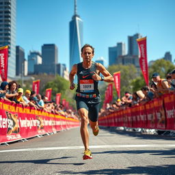A determined runner participating in a marathon, showcasing a dynamic stride and focused facial expression, surrounded by a vibrant crowd of spectators cheering along the race route