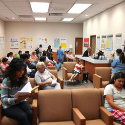 A busy urgent care clinic with a friendly atmosphere, showcasing a well-organized waiting area filled with comfortable seating