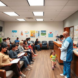 A busy urgent care clinic with a friendly atmosphere, showcasing a well-organized waiting area filled with comfortable seating