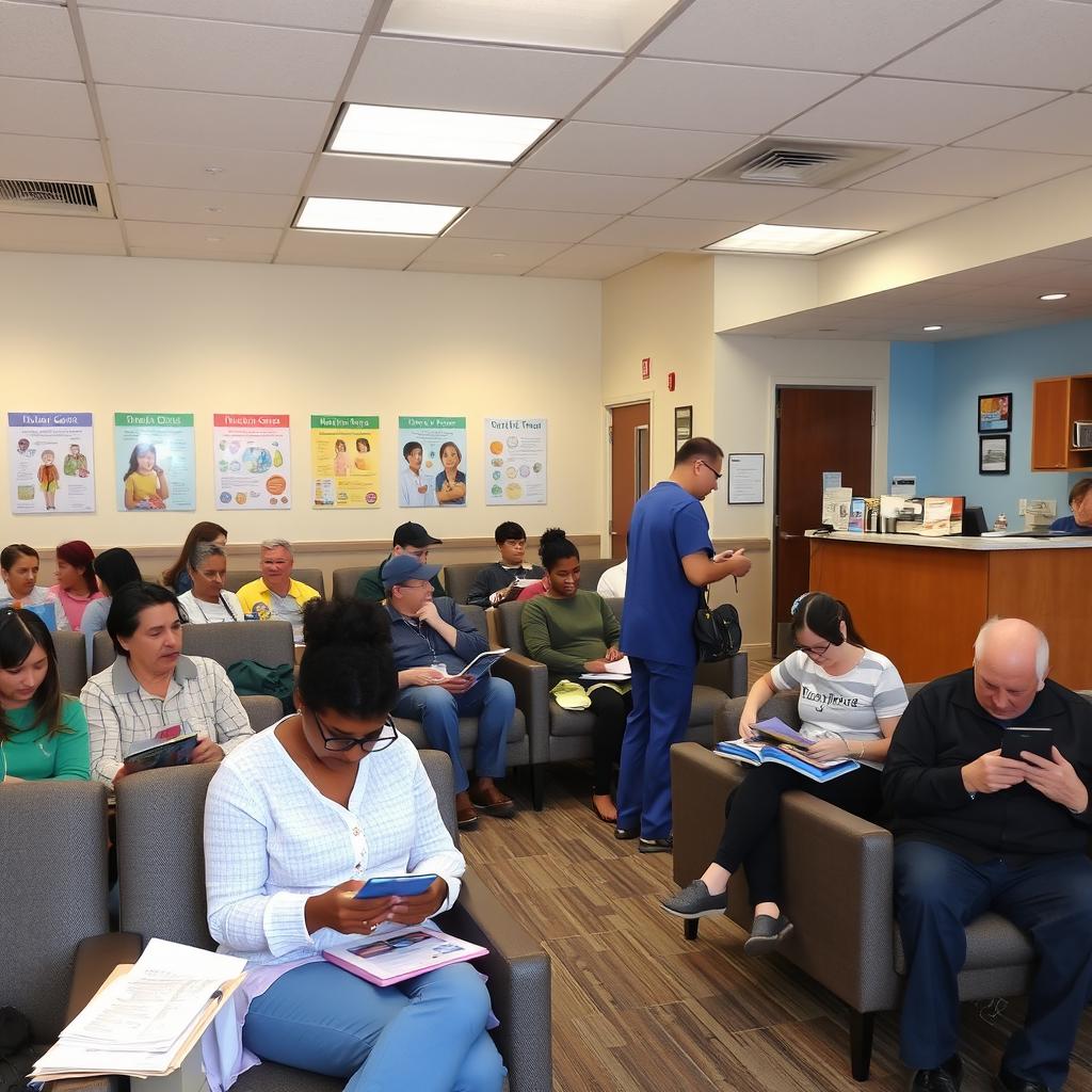 A busy urgent care clinic with a friendly atmosphere, showcasing a well-organized waiting area filled with comfortable seating