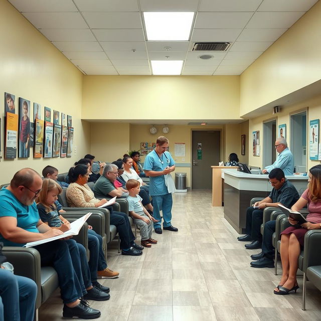 A busy urgent care clinic with a friendly atmosphere, showcasing a well-organized waiting area filled with comfortable seating