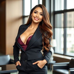 A beautiful European-Korean woman with a voluptuous figure, featuring prominent breasts, styled elegantly as a chairwoman