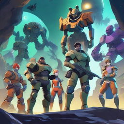 An image of high-quality digital art depicting anime-style characters, akin to the Meliods, engrossed in playing the game Deep Rock Galactic