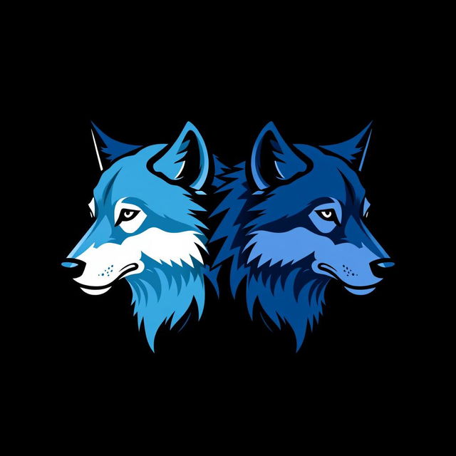 A logo design featuring four wolf heads, each in different shades of blue: one light blue, one navy blue, one sky blue, and one violet blue