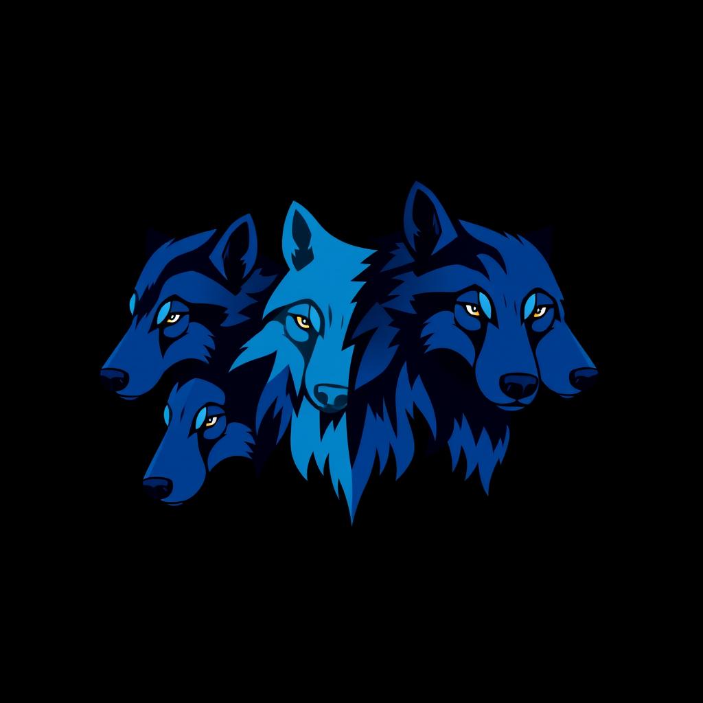 A logo design featuring four wolf heads, each in different shades of blue: one light blue, one navy blue, one sky blue, and one violet blue