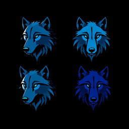 A logo design featuring four wolf heads, each in different shades of blue: one light blue, one navy blue, one sky blue, and one violet blue