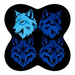 A logo design featuring four wolf heads, each in different shades of blue: one light blue, one navy blue, one sky blue, and one violet blue