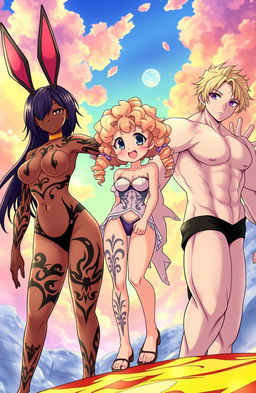 Three girls in anime style, each with distinct characteristics: The first girl has dark skin and stunning black tribal tattoos that flow across her body, complemented by tall bunny ears akin to Fran from Final Fantasy