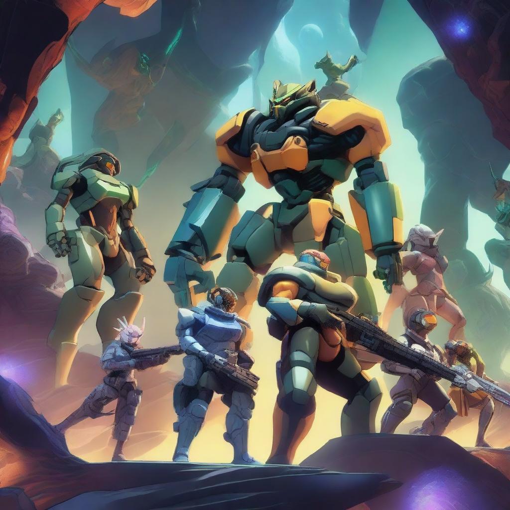 An image of high-quality digital art depicting anime-style characters, akin to the Meliods, engrossed in playing the game Deep Rock Galactic