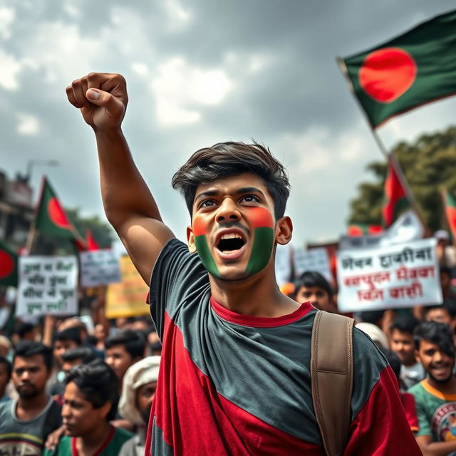 A young man with a strong and determined expression, standing amidst a protest, his face adorned with the vibrant colors of the Bangladeshi flag, symbolizing strength and resilience