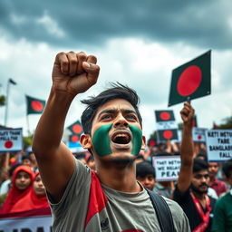 A young man with a strong and determined expression, standing amidst a protest, his face adorned with the vibrant colors of the Bangladeshi flag, symbolizing strength and resilience