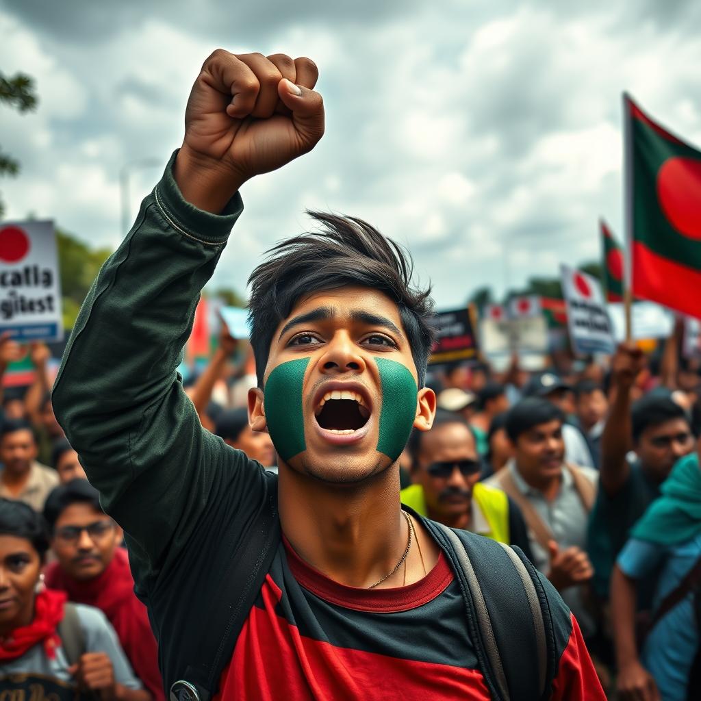 A young man with a strong and determined expression, standing amidst a protest, his face adorned with the vibrant colors of the Bangladeshi flag, symbolizing strength and resilience