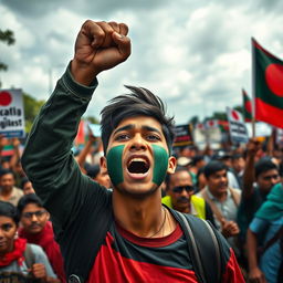 A young man with a strong and determined expression, standing amidst a protest, his face adorned with the vibrant colors of the Bangladeshi flag, symbolizing strength and resilience