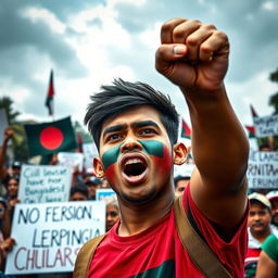 A young man with a strong and determined expression, standing amidst a protest, his face adorned with the vibrant colors of the Bangladeshi flag, symbolizing strength and resilience