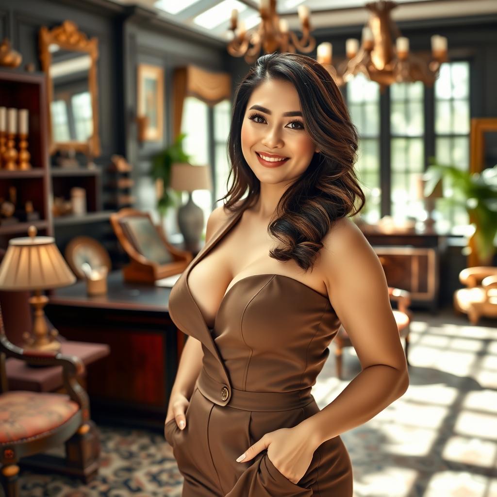 A stunning European-Korean woman with a curvy figure and prominent breasts, dressed in elegant attire suitable for an appraiser
