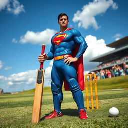 Superman, in his iconic blue and red suit with the 'S' emblem, confidently holding a cricket bat