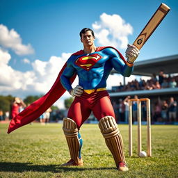 Superman, in his iconic blue and red suit with the 'S' emblem, confidently holding a cricket bat