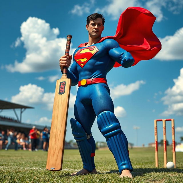 Superman, in his iconic blue and red suit with the 'S' emblem, confidently holding a cricket bat