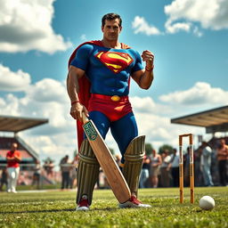 Superman, in his iconic blue and red suit with the 'S' emblem, confidently holding a cricket bat
