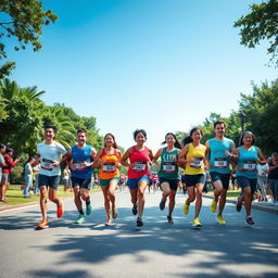 A vibrant scene of a 10k marathon with a diverse group of 7 enthusiastic runners