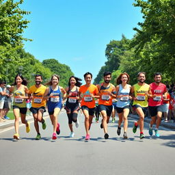 A vibrant scene of a 10k marathon with a diverse group of 7 enthusiastic runners