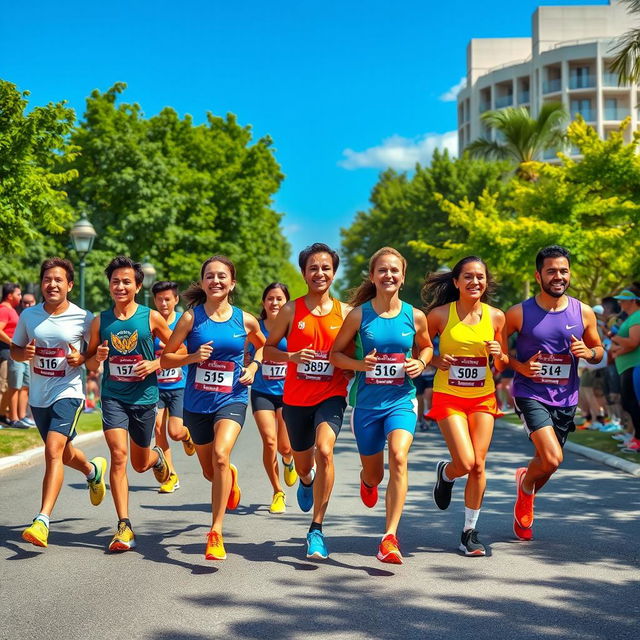 A vibrant scene of a 10k marathon with a diverse group of 7 enthusiastic runners