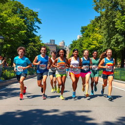 A vibrant scene of a 10k marathon with a diverse group of 7 enthusiastic runners