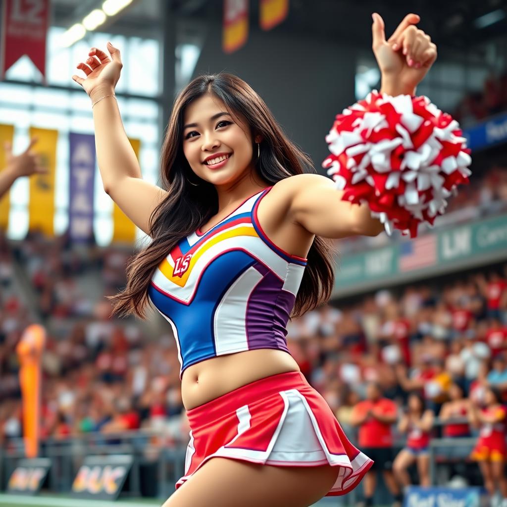 A stunning European-Korean woman with a voluptuous figure and prominent breasts, dressed in a vibrant cheerleader uniform