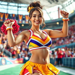 A stunning European-Korean woman with a voluptuous figure and prominent breasts, dressed in a vibrant cheerleader uniform