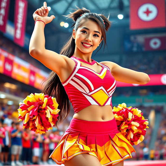 A stunning European-Korean woman with a voluptuous figure and prominent breasts, dressed in a vibrant cheerleader uniform