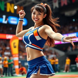 A stunning European-Korean woman with a voluptuous figure and prominent breasts, dressed in a vibrant cheerleader uniform