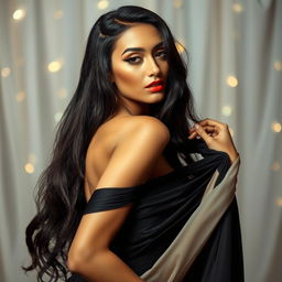 A beautiful, glamorous woman resembling a stunning pop star with long dark hair and captivating features