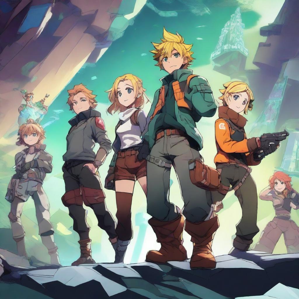 A high-quality digital art image showing anime-style characters, similar to Meliodas and his friends, playing the video game Deep Rock Galactic