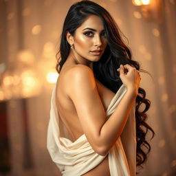 A beautiful, glamorous woman resembling a stunning pop star with long dark hair and captivating features