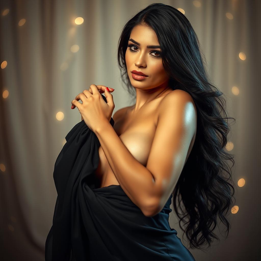 A beautiful, glamorous woman resembling a stunning pop star with long dark hair and captivating features