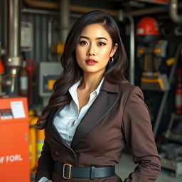 A stunning European-Korean woman with a curvy figure and prominent breasts, dressed in professional attire suitable for an inspector