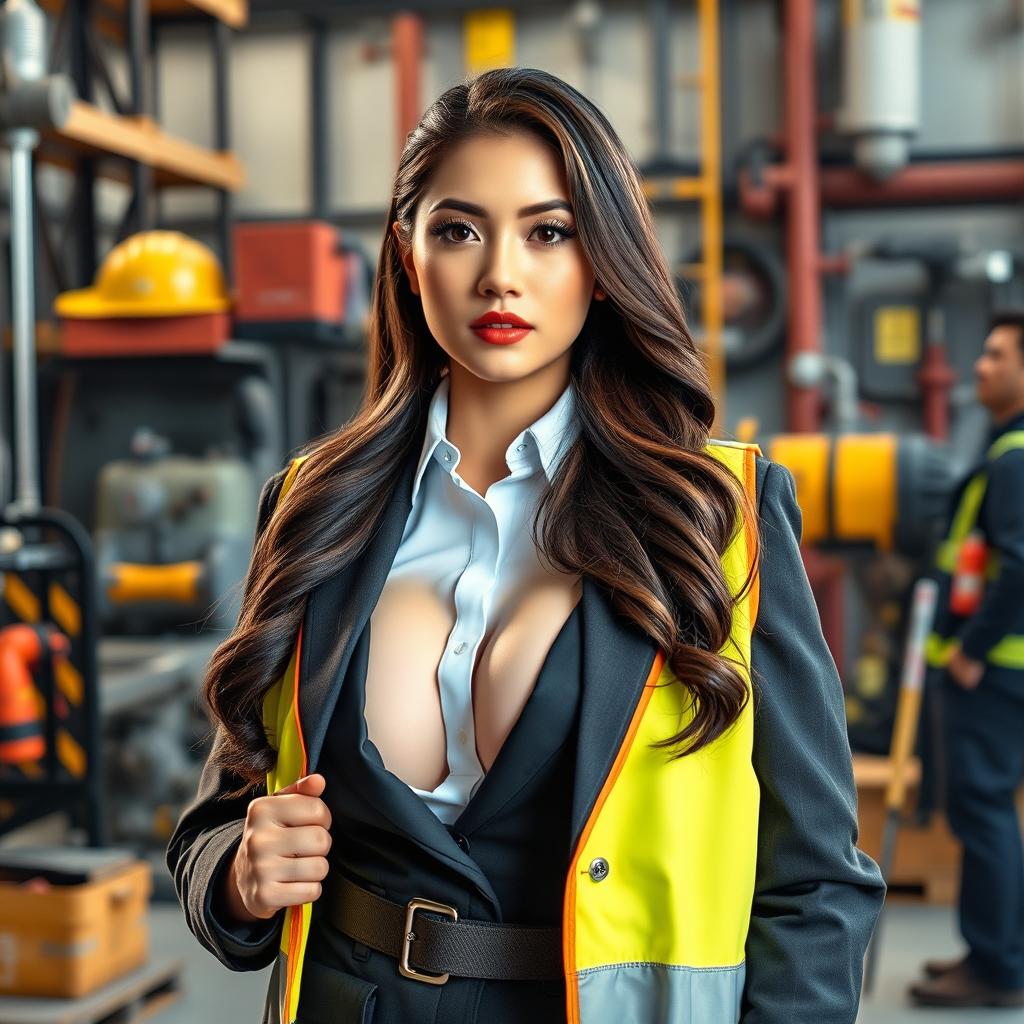 A stunning European-Korean woman with a curvy figure and prominent breasts, dressed in professional attire suitable for an inspector