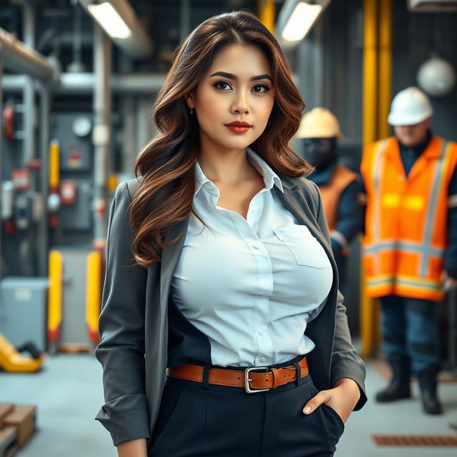 A stunning European-Korean woman with a curvy figure and prominent breasts, dressed in professional attire suitable for an inspector