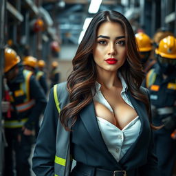 A stunning European-Korean woman with a curvy figure and prominent breasts, dressed in professional attire suitable for an inspector
