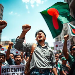 A young man standing confidently at the center of a passionate protest, embodying strength and resilience, with the flag of Bangladesh prominently displayed behind him